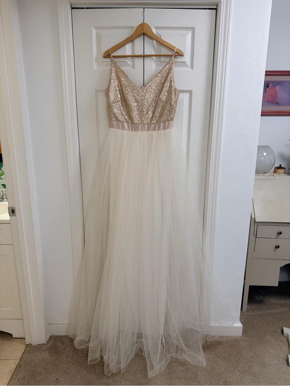 Elegant Sequin Bodice Tulle Gown in Champagne